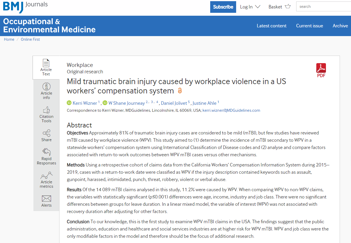 Mild traumatic brain injury caused by workplace violence in a US ...